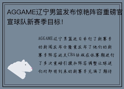 AGGAME辽宁男篮发布惊艳阵容重磅官宣球队新赛季目标！