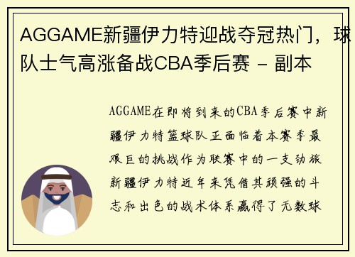 AGGAME新疆伊力特迎战夺冠热门，球队士气高涨备战CBA季后赛 - 副本