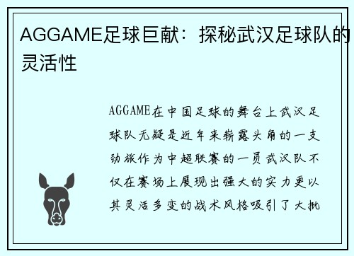 AGGAME足球巨献：探秘武汉足球队的灵活性
